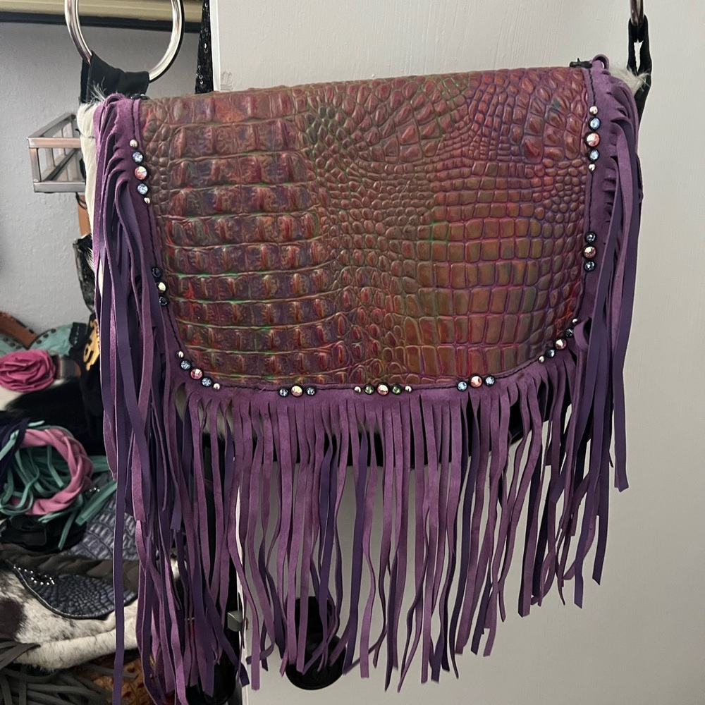 Purple Fringe Crocodile Pattern Bag
